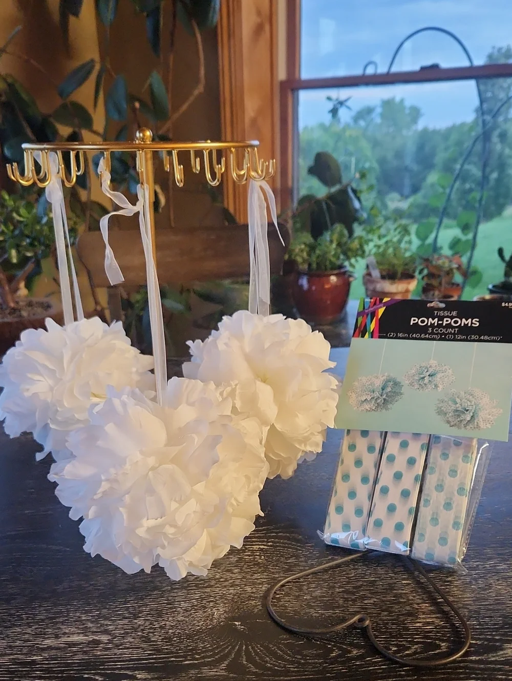 White Nylon & Tissue Pom-Pom Hanging Decorations-Home Party Supplies Set Of Six